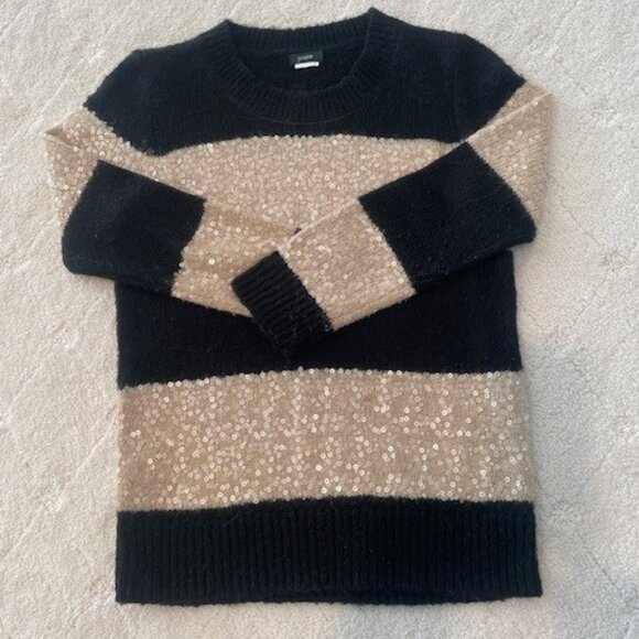 J Crew Black & Tan Stripe Sequin Crewneck Sweater  – SZ XS - Picture 3 of 5